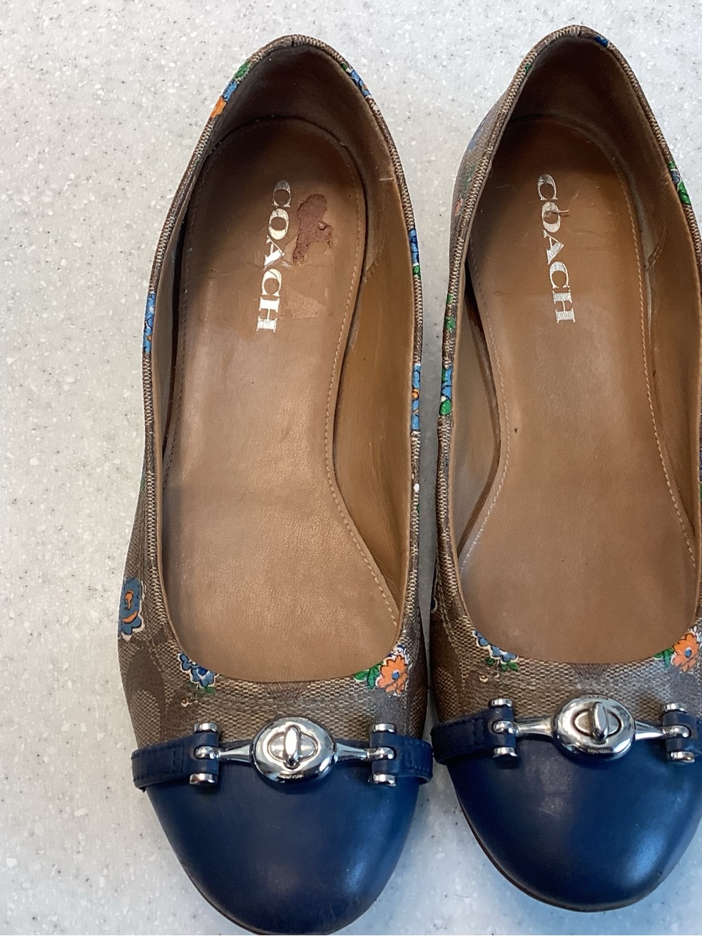 Coach Brown Floral Canvas Ballet Flats with Navy Leather Cap Toe 8.5B